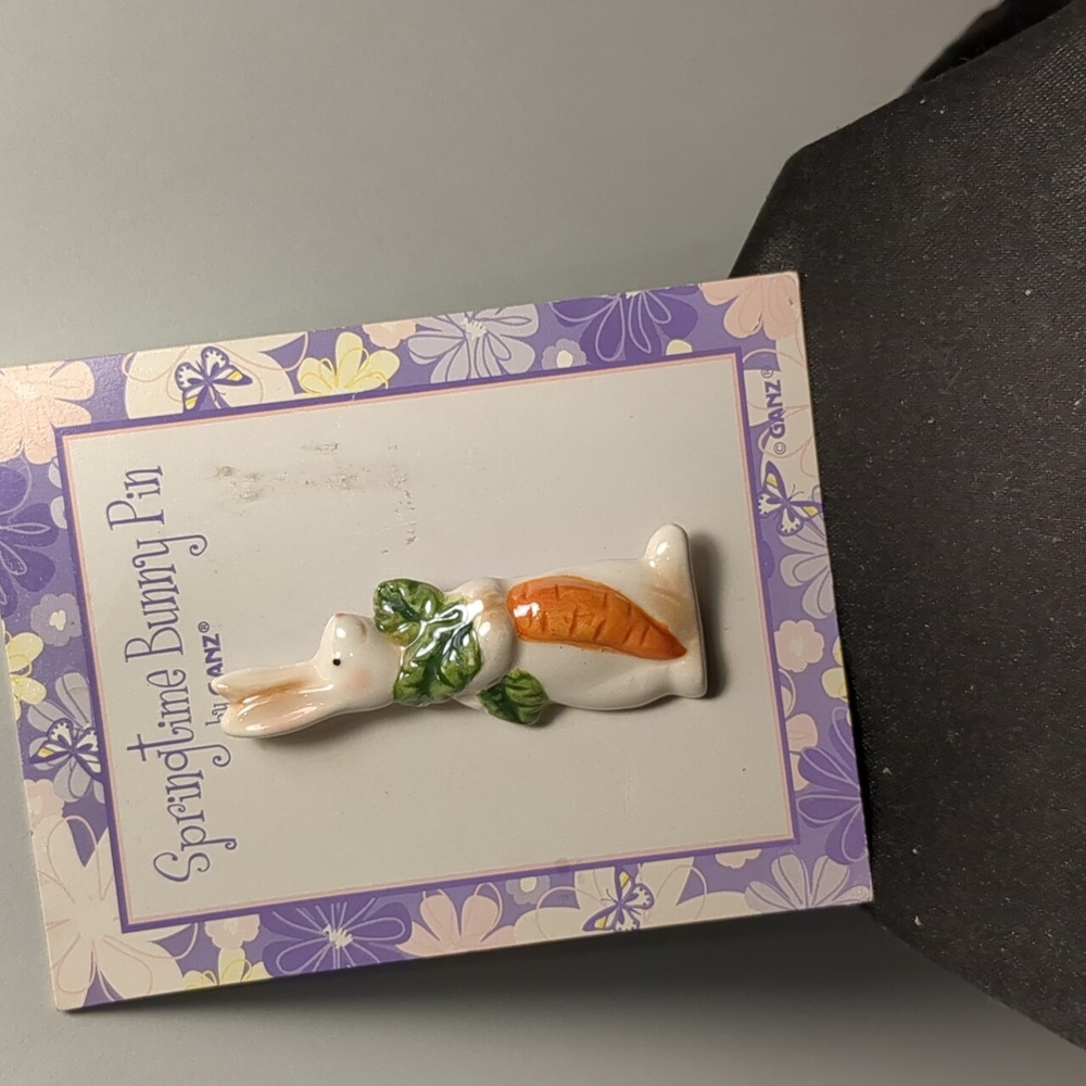 NEW on card. Easter Bunny pin. Ceramic. Ganz Springtime. Basket Carrot